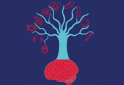 Un albero con un cervello alla radice e, alla fine dei rami, diversi pittogrammi: una macchina fotografica, delle mani, una siringa, un righello, un mappamondo e una penna stilografica