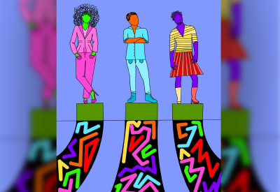 Tre persone diverse sono in piedi su tre piattaforme, da ognuna delle quali scappa una serie di forme colorate.