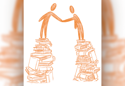 Due stickman sono in piedi su due pile di libri e si stringono la mano.