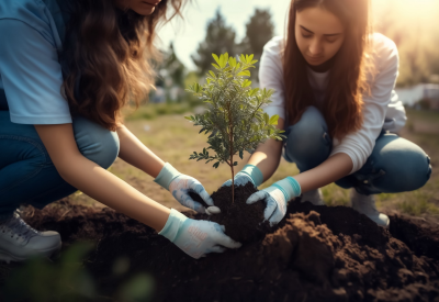 Due giovani donne piantano un giovane albero nel terreno - Argomento conservazione della natura, sostenibilità e materie prime, cambiamento climatico - Illustrazione generativa AI
