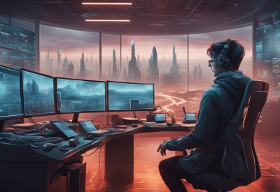 A young, diverse cyber security specialist works in a newsroom, sitting in front of several screens. All the latest equipment. The screens show a modern, futuristic city with a road in the middle that leads into the unknown – depicted as fog – in the distance.