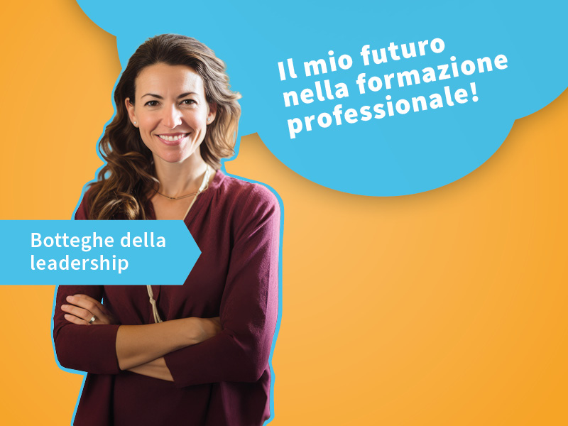Una donna è in piedi davanti a uno sfondo arancione e blu. La scritta recita: Il mio futuro nella formazione professionale!