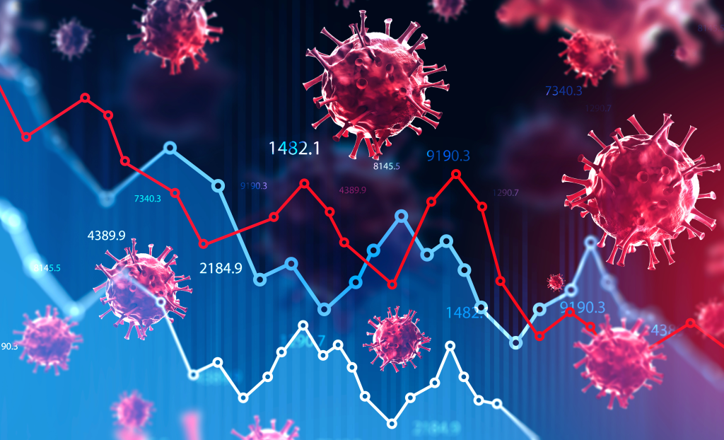 Immagine sulla quale è rappresentato il virus corona e un diagramma di tipo economico con delle cifre