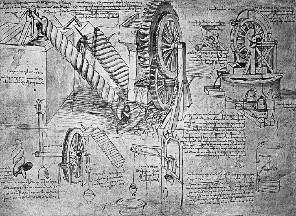 immagine riportata sul volantino dell'edizione 2018 dell'Officina delle idee, raffigurante un disegno tecnico di Leonardo da Vinci (si intravedono strumenti meccanici azionati tramite ruote dentate)