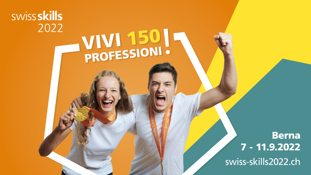 L'immagine mostra la visuale di SwissSkills 2022, vengono mostrati due giovani che sono contenti della medaglia ottenuta ai Campionati SwissSkills.