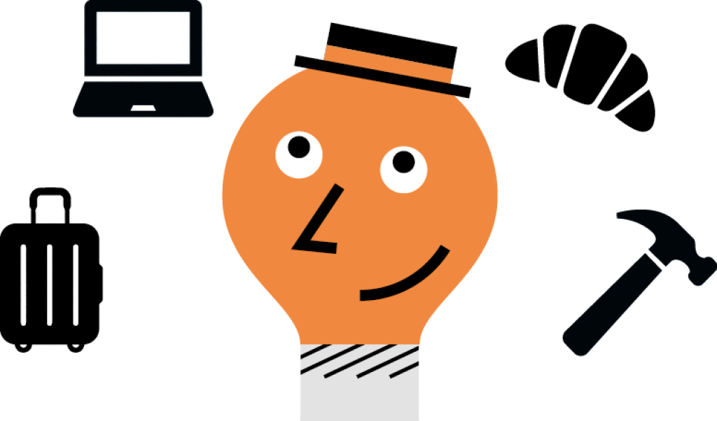 Una lampadina arancione orbitata da una valigia, un computer portatile, un croissant e un martello.