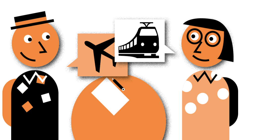 due figure illustrate in piedi intorno a un mondo e due bolle vocali con un aereo e un treno.