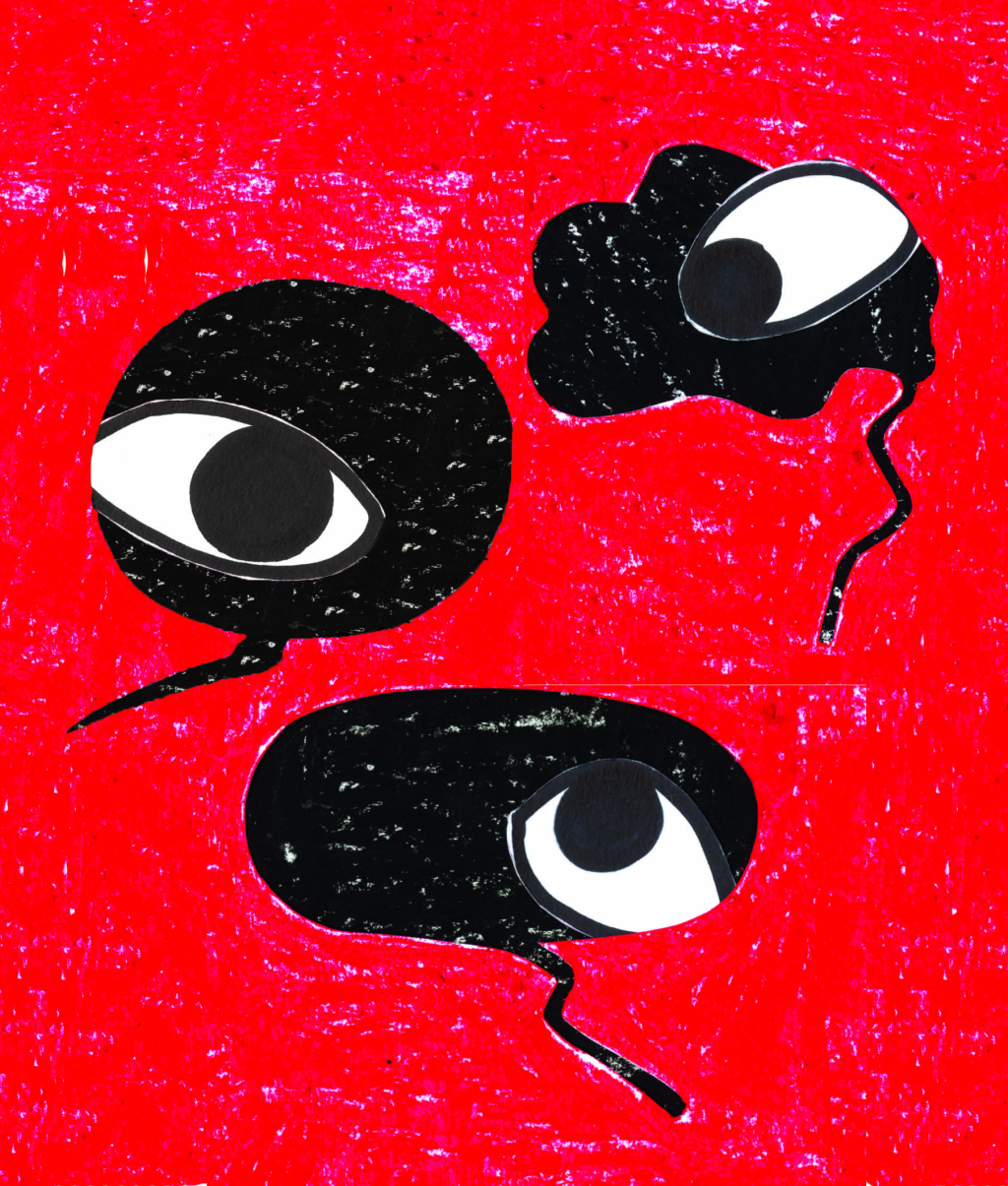 Un'illustrazione di Tania Perez che raffigura tre occhi in bolle vocali.