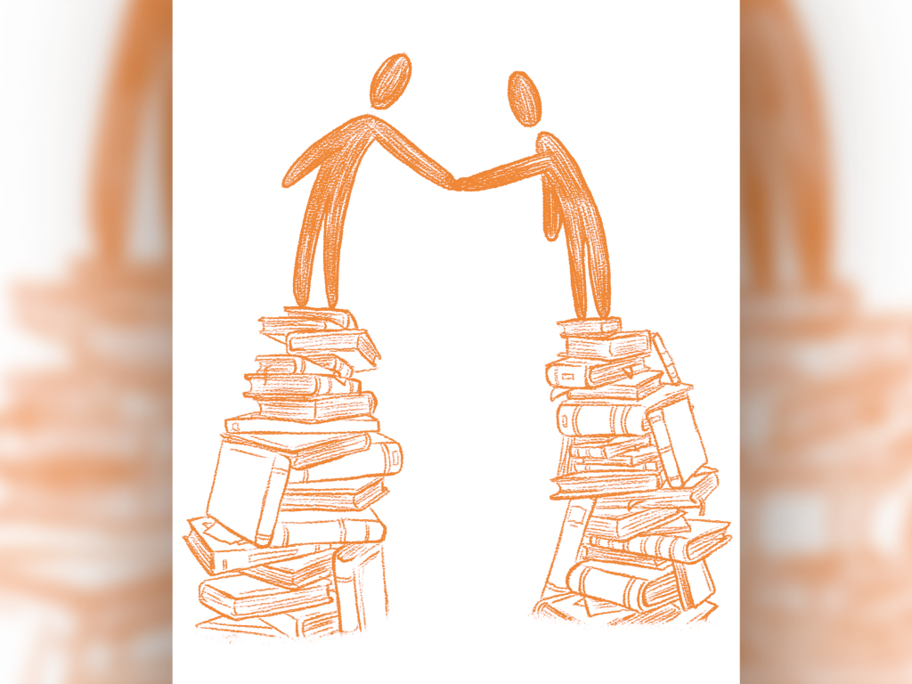 Due stickman sono in piedi su due pile di libri e si stringono la mano.