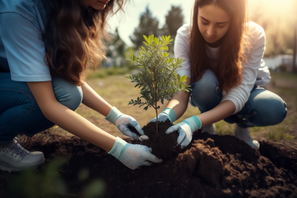 Due giovani donne piantano un giovane albero nel terreno - Argomento conservazione della natura, sostenibilità e materie prime, cambiamento climatico - Illustrazione generativa AI